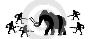 Caveman hunters hunting mammoth with spear vector silhouette illustration isolated on white background.