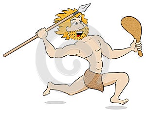 Caveman hunting with spear and mace