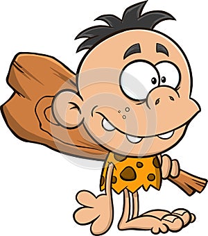 Caveman Kid Cartoon Character With Club.