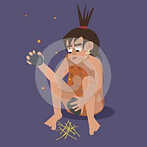 Caveman making fire vector cartoon