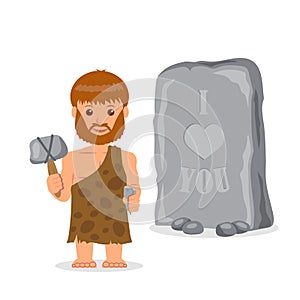Caveman. Male near the inscription carved in stone. The concept of prehistoric writing.