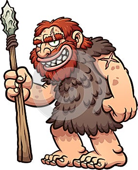 Caveman or neanderthal holding a spear and smiling