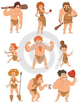 Caveman primitive people cartoon action neanderthal evolution vector.