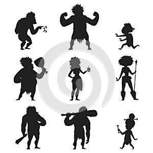 Caveman primitive stone age black silhouette people character evolution vector illustration.