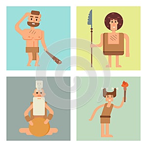 Caveman primitive stone age cards cartoon neanderthal people character evolution vector illustration.
