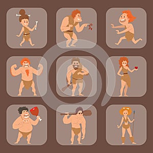 Caveman primitive stone age cartoon neanderthal people character evolution vector illustration.