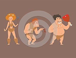 Caveman primitive stone age cartoon neanderthal people character evolution vector illustration.