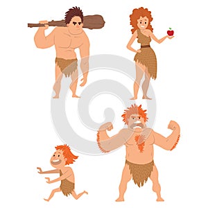 Caveman primitive stone age cartoon neanderthal people character evolution vector illustration.