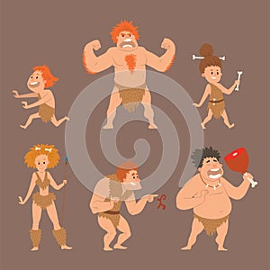 Caveman primitive stone age cartoon neanderthal people character evolution vector illustration.