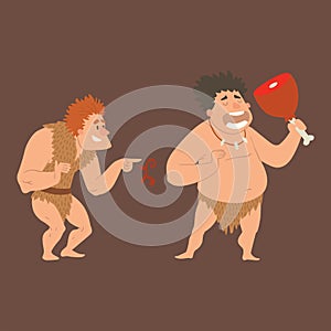 Caveman primitive stone age cartoon neanderthal people character evolution vector illustration.