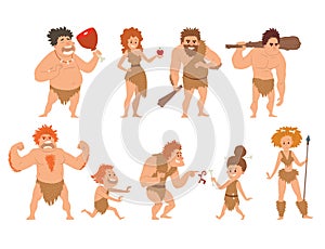 Caveman primitive stone age cartoon neanderthal people character evolution vector illustration.