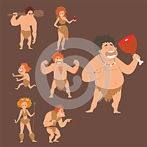 Caveman primitive stone age cartoon neanderthal people character evolution vector illustration.