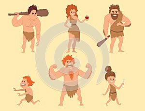 Caveman primitive stone age cartoon neanderthal people character evolution vector illustration.