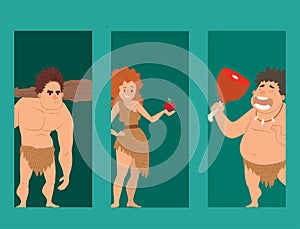 Caveman primitive stone age cartoon neanderthal people character evolution vector illustration.