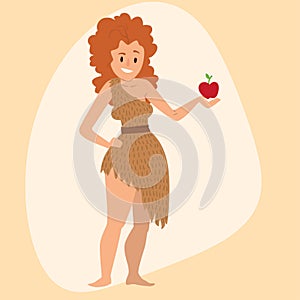 Caveman primitive stone age cartoon neanderthal woman character evolution vector illustration.