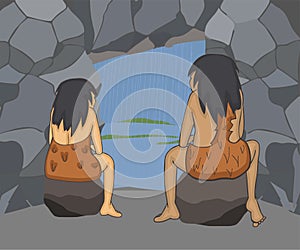 Caveman`s family shelters in a cave from the storm
