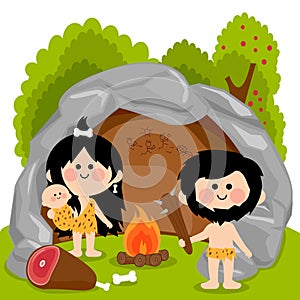 Cavemen family in a stone cave. Vector illustration