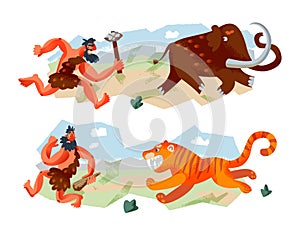 Cavemen hunting animals in Stone Age set. Prehistoric ancient history vector illustration. Men running after mammoth