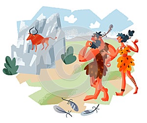 Cavemen looking at painting on rock in Stone Age. Prehistoric ancient history vector illustration. Happy man and woman