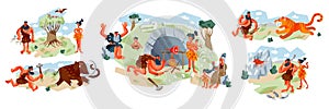 Cavemen in Stone Age set. Prehistoric ancient history vector illustration. People hunting, cooking food on fire, family