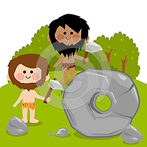 Cavemen and a stone carved wheel. Vector illustration