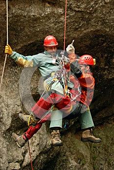 Caver abseiling in a pothole.