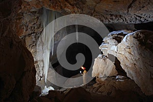 Caver in Dachstein Mammut Cave.