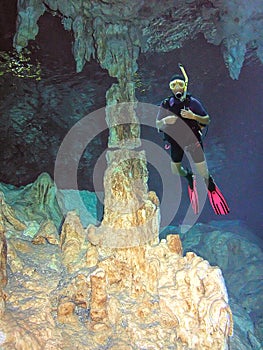 A Cavern Diver Hovers Near an Underwater Cave Column
