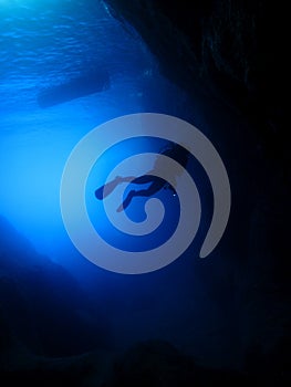 Cavern diver silhouette