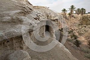 The caves  of the hermits are located near the Deir Hijleh Monastery - Monastery of Gerasim of Jordan in the Judean Desert in