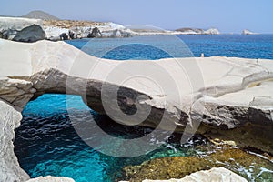 Caves and rock formations by the sea at Sarakiniko area on Milos island,a Greece