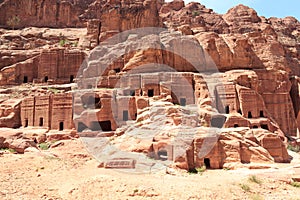 Caves at street of facades in ancient city of Petra, Jordan