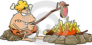 Cavewoman Cartoon Character Cooking Meat On Stick