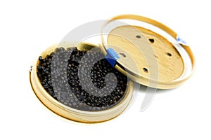 Caviar jar in front of white background