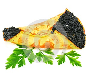 Caviar-stuffed pancake with greens