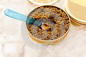 Caviar tin on ice with plastic spoon