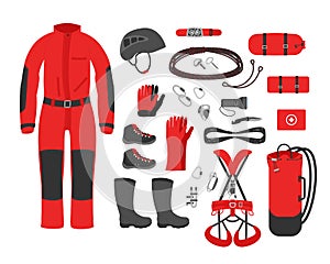 Caving equipment kit clothes. speleological accessory vector illustration photo