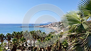 Cavo Paradiso Beach, Kos island, Greece. Paradise beach. Blue sea and beach background. Aqua sea water surface