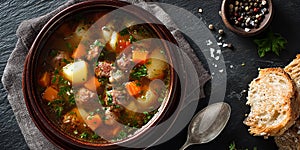 Cawl soup on dark background