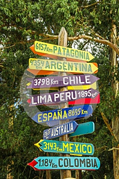 CAYAMBE, ECUADOR - SEPTEMBER 05, 2017: Informative sign of distance from Cayambe, of different countries written over a