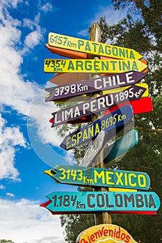 CAYAMBE, ECUADOR - SEPTEMBER 05, 2017: Informative sign of distance from Cayambe, of different countries written over a