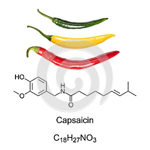 Cayenne chili peppers, and capsaicin chemical formula and structure photo