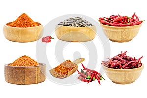 Cayenne pepper and fresh red chili with sunflower seeds in a wooden bowl chili spicy seasoning Isolated on a white background -