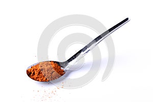 Cayenne pepper in a spoon on a white background