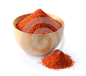 Cayenne pepper in wood bowl on white background