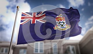 Cayman Islands Flag 3D Rendering on Blue Sky Building Background photo