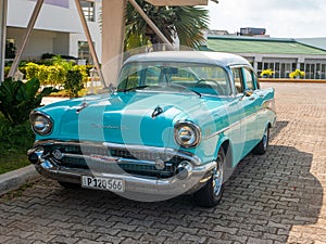 Cayo Coco, Cuba, 16 may 2021: Chevrolet Bel Air car is parked outside a Cuban hotel Tryp Cayo Coco