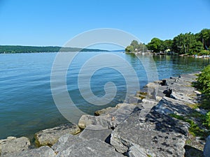 Cayuga Lake rock wall shoreline in Ithaca