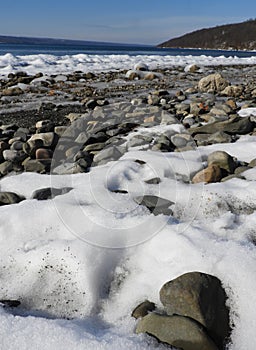 Cayuga Lake rocky frozen shoreline