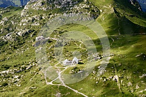 Cazzaniga and Nicola shelters on Artavaggio upland aerial, Orobie, Italy